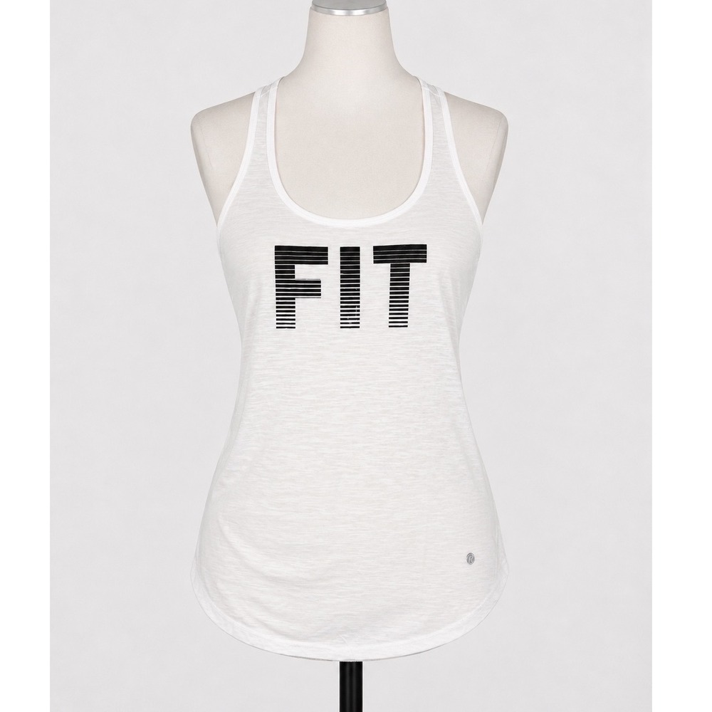 Bally Total Fitness Women White FIT Graphic Racerback Tank Top Large Athleisure
